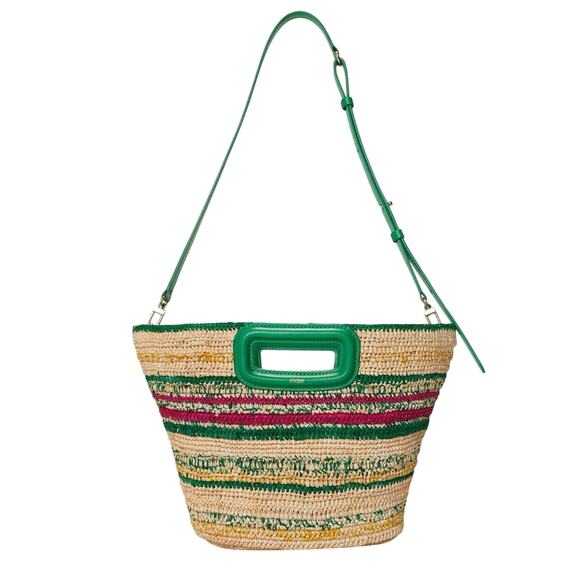 NWT $385 MAJE MEDIUM Vert Casino leather straw bag w/ strap and top handle - Picture 3 of 16